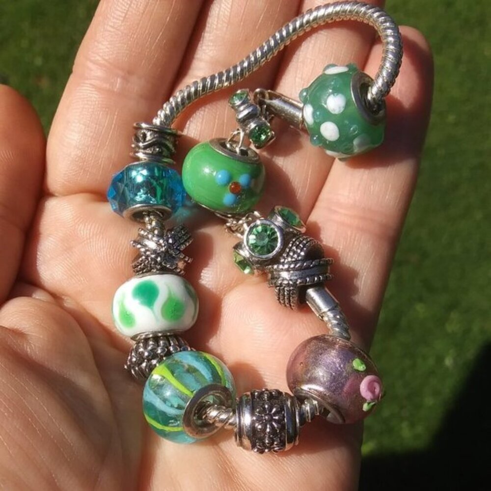 bracelet with glass beads and metal spacers spring summer colors